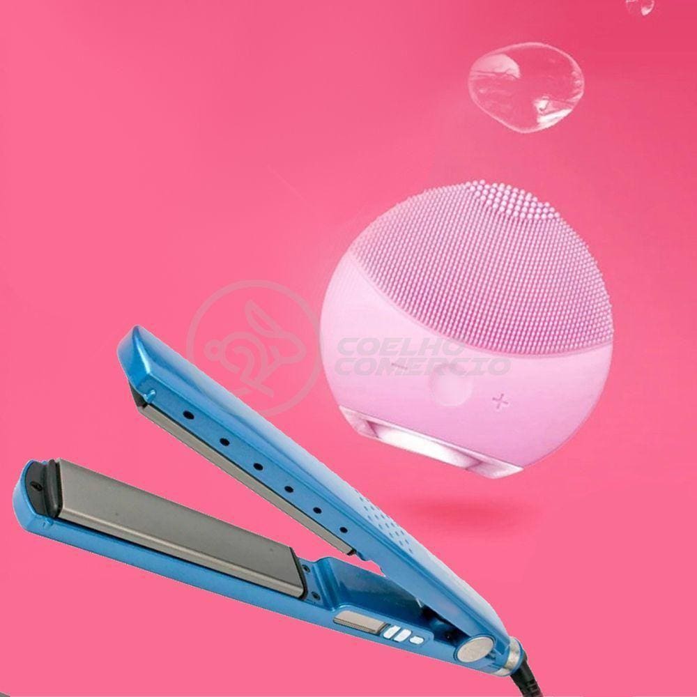 Kit 1 Prancha Nanotitanium + 1 Esponja Facial Rosa Bebê Nº33