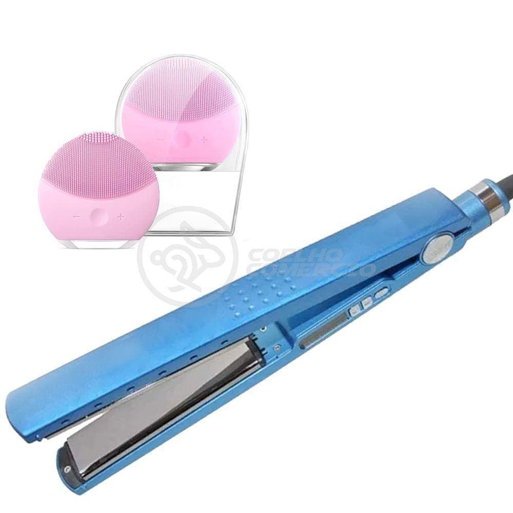 Kit 1 Prancha Nanotitanium + 1 Esponja Facial Rosa Bebê Nº17