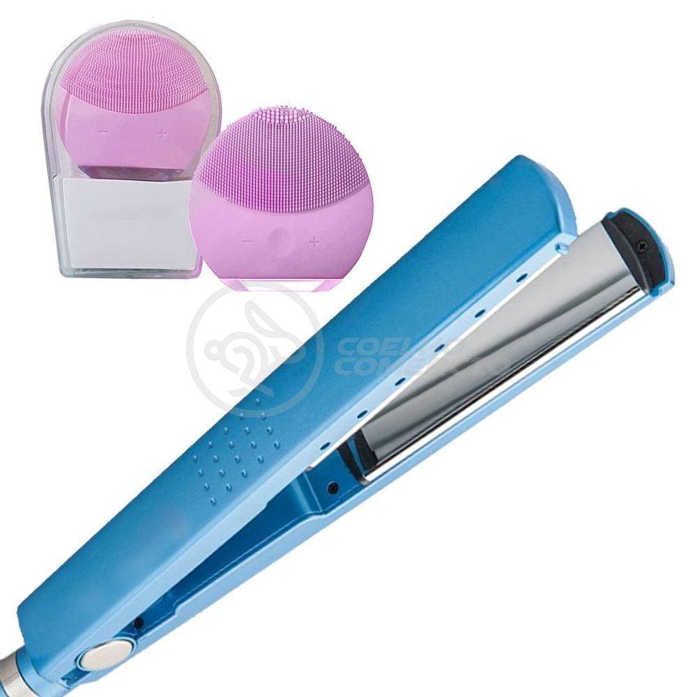 Kit 1 Prancha Nanotitanium + 1 Esponja Facial Rosa Bebê Nº16