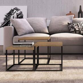 Conjunto Sala de Estar 3 Mesas Quadrada Cube Industrial Artesano Vermont/Preto