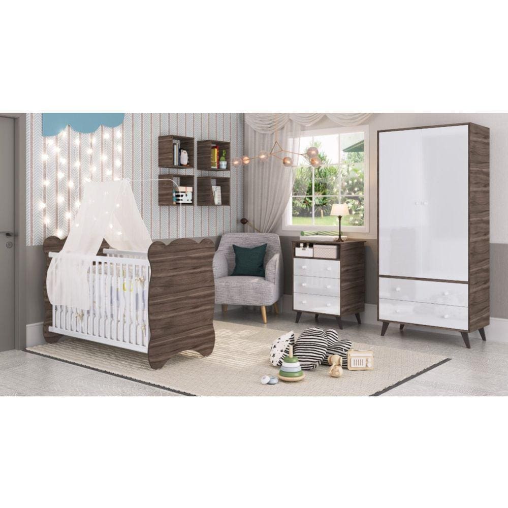 Quarto de Bebe Completo 3 Peças 1 Cômoda 1 Roupeiro 1 Berço Pipoca Móveis Percasa Carvalho/Branco