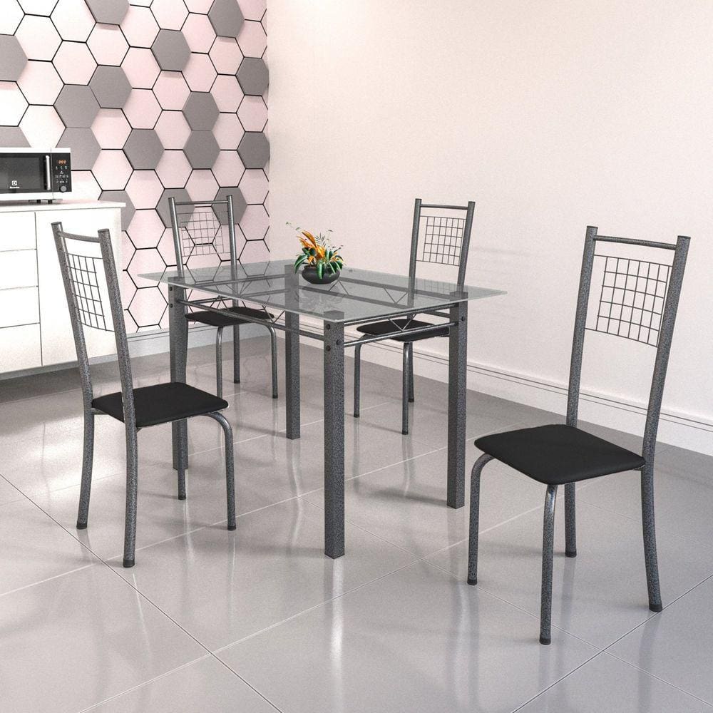 Conjunto de Mesa Tubular 4 Cadeiras 120cm com Tampo de Vidro Iza Soma Móveis Preto/Prata