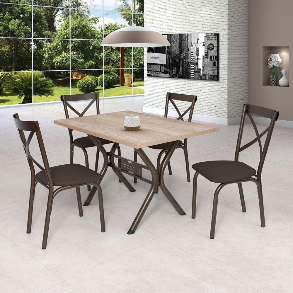 Conjunto Mesa 120cm com 4 Cadeiras Karina X Ciplafe Bronze/Linho Marrom