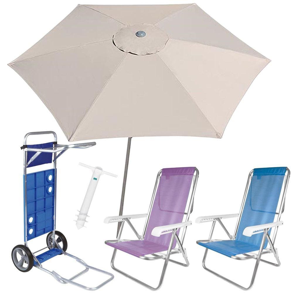 Kit Guarda Sol Ombrelone 2,4m Malibu Carrinho De Praia Avanço Cadeira Reclinável 8 Posições Saca Areia - Tobee