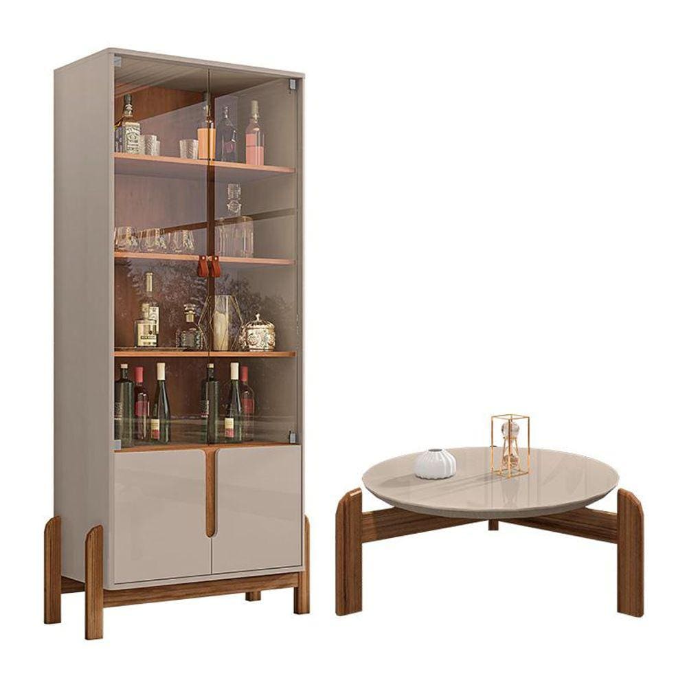 Cristaleira Com Mesa de Centro Lizz Pés de Madeira Maciça