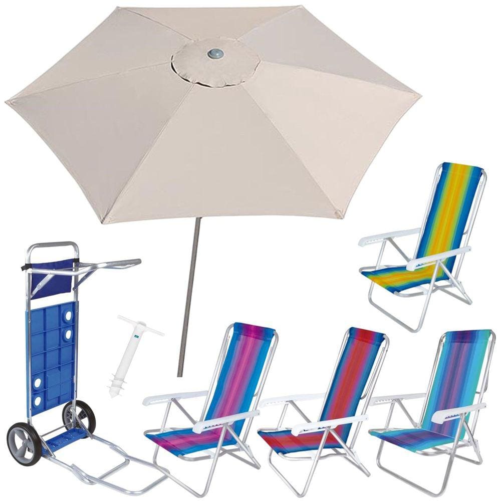 Kit Guarda Sol Ombrelone 2,4m Malibu Carrinho De Praia Avanço 4 Cadeira Reclinável 8 Posições Saca Areia - Tobee