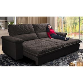 Sofá Retrátil e Reclinável 3,15m Molas Ensacadas Cama inBox Big Home Bordado 3D Linho Marrom