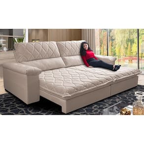 Sofá Retrátil e Reclinável 2,15m Molas Ensacadas Cama inBox Big Home Bordado 3D Linho Bege Claro