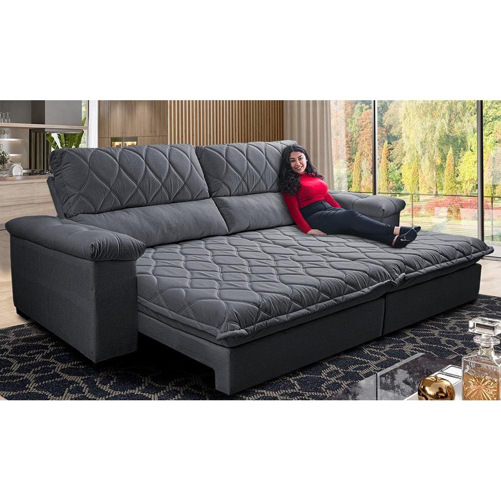Sofá Retrátil e Reclinável 3,15m Molas Ensacadas Cama inBox Big Home Bordado 3D Linho Cinza Escuro