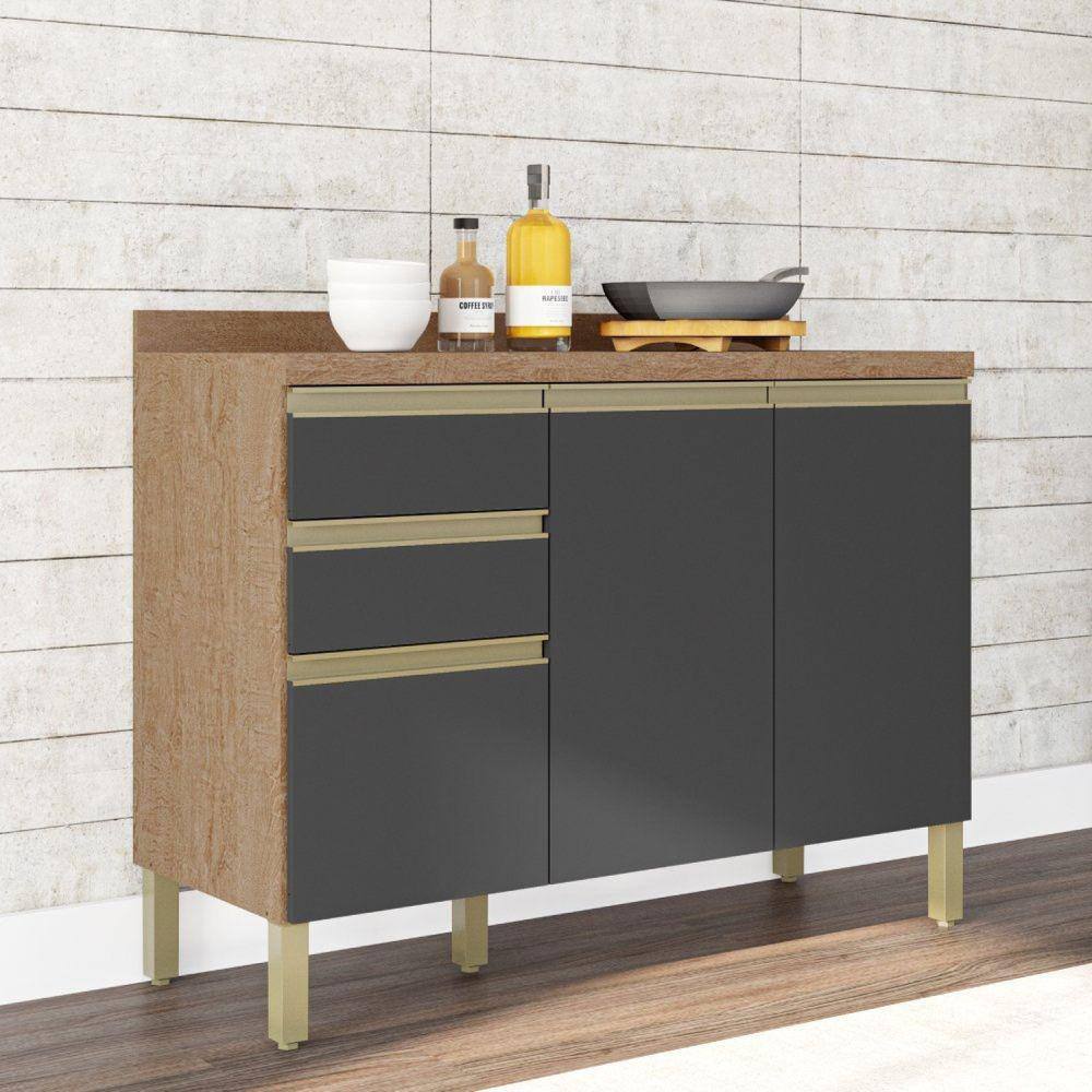 Balcão de Cozinha 120cm 3 Portas 2 Gavetas Madri Espresso Móveis Castanho/Cinza