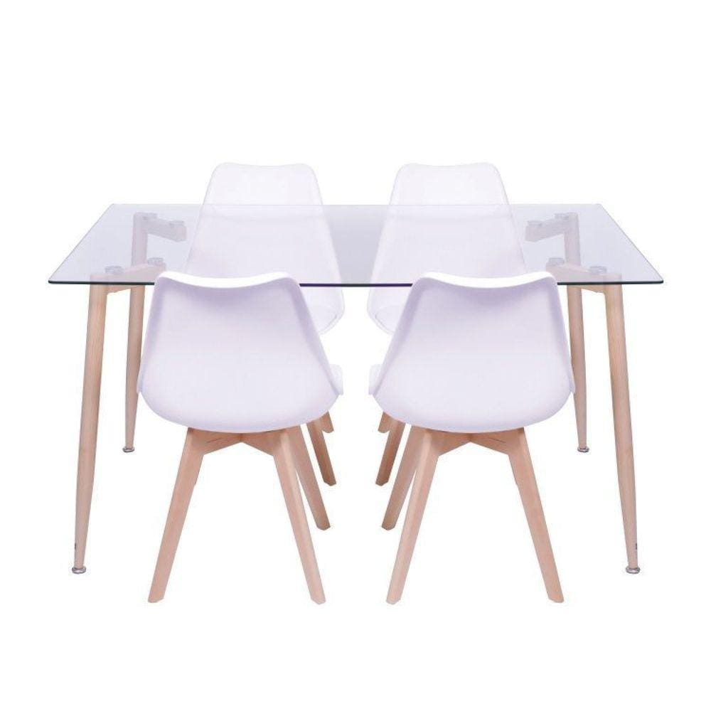 Conjunto de Sala de Jantar Mesa com Tampo de Vidro com 4 Cadeiras com Base de Madeira OR Design Branca