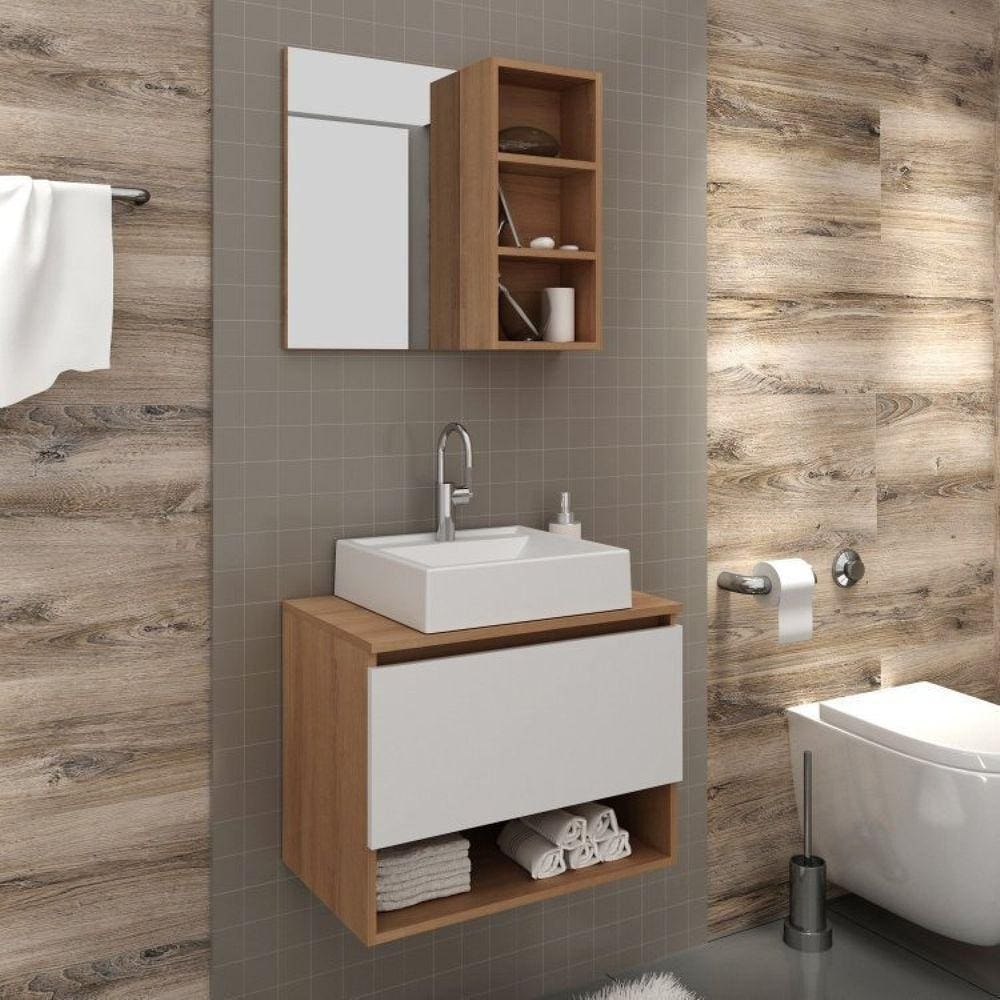 Conjunto para Banheiro com 2 Peças 1 Gabinete 2 Gavetas e 1 Espelheira com 1 Prateleira Tecno Mobili Amêndoa/Branco