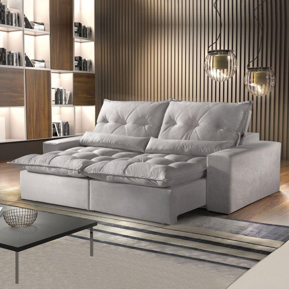 Sofá Retrátil e Reclinável 4 Lugares 230cm Avalon Super Pillow Montano Estofados Veludo Cinza