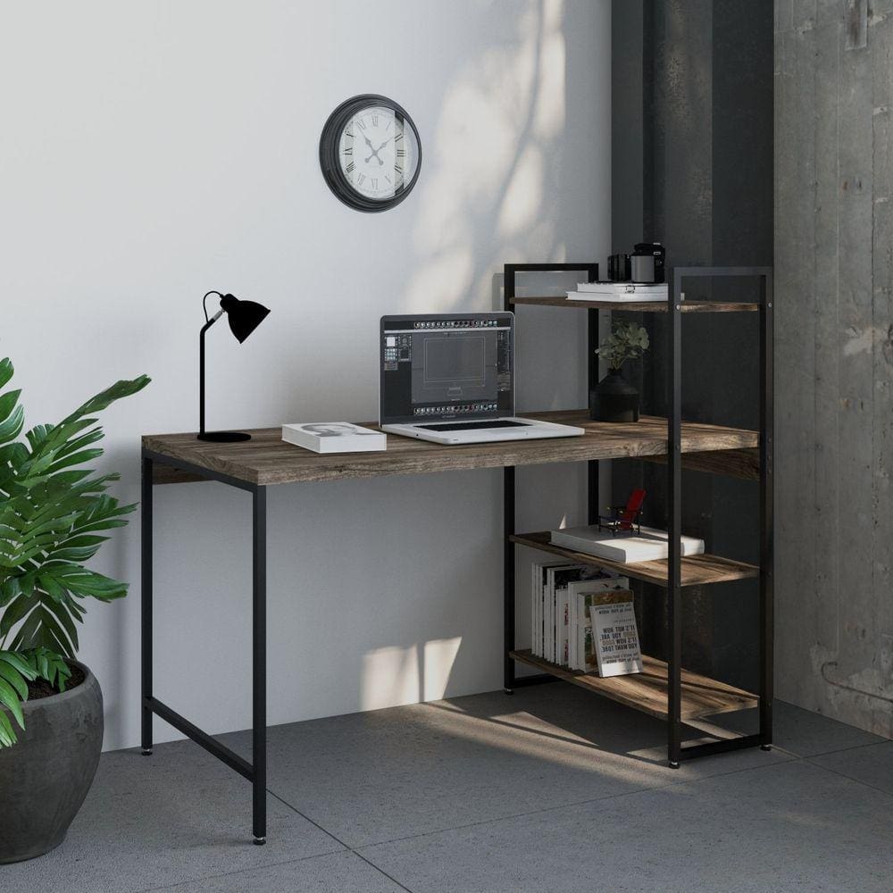 Escrivaninha com Estante 3 Prateleiras Estilo Industrial 135cm Active Yescasa Carvalho Dark