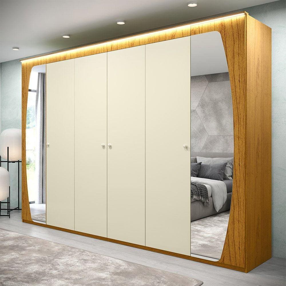 Guarda Roupa Casal com Espelho e LED 6 Portas 6 Gavetas Inovação Gelius Móveis Marromle/Off White