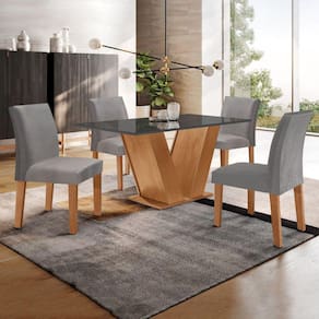 Conjunto Sala de Jantar Mesa Tampo MDF/Vidro e 4 Cadeiras Espanha Yescasa Cinamomo/Grafite/Veludo