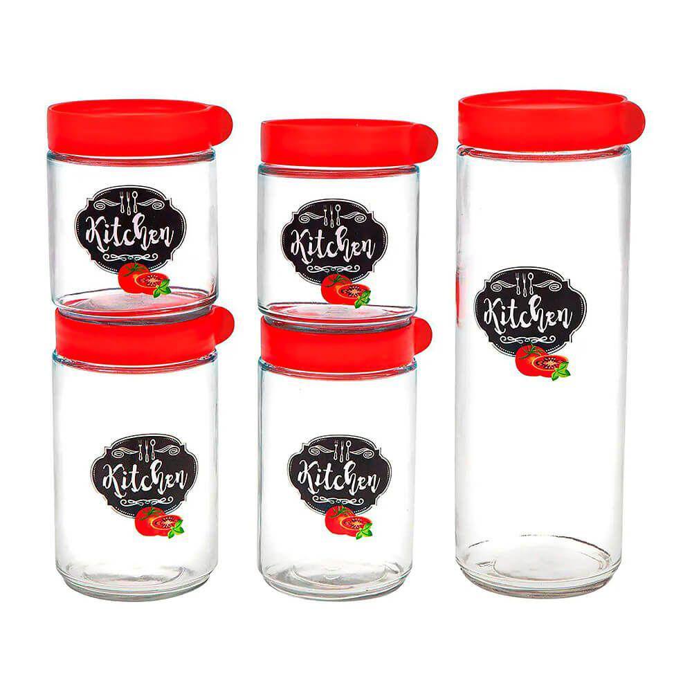 Potes Hermeticos de Vidro Kitchen Vermelho 5 Peças - Casambiente JGTI038