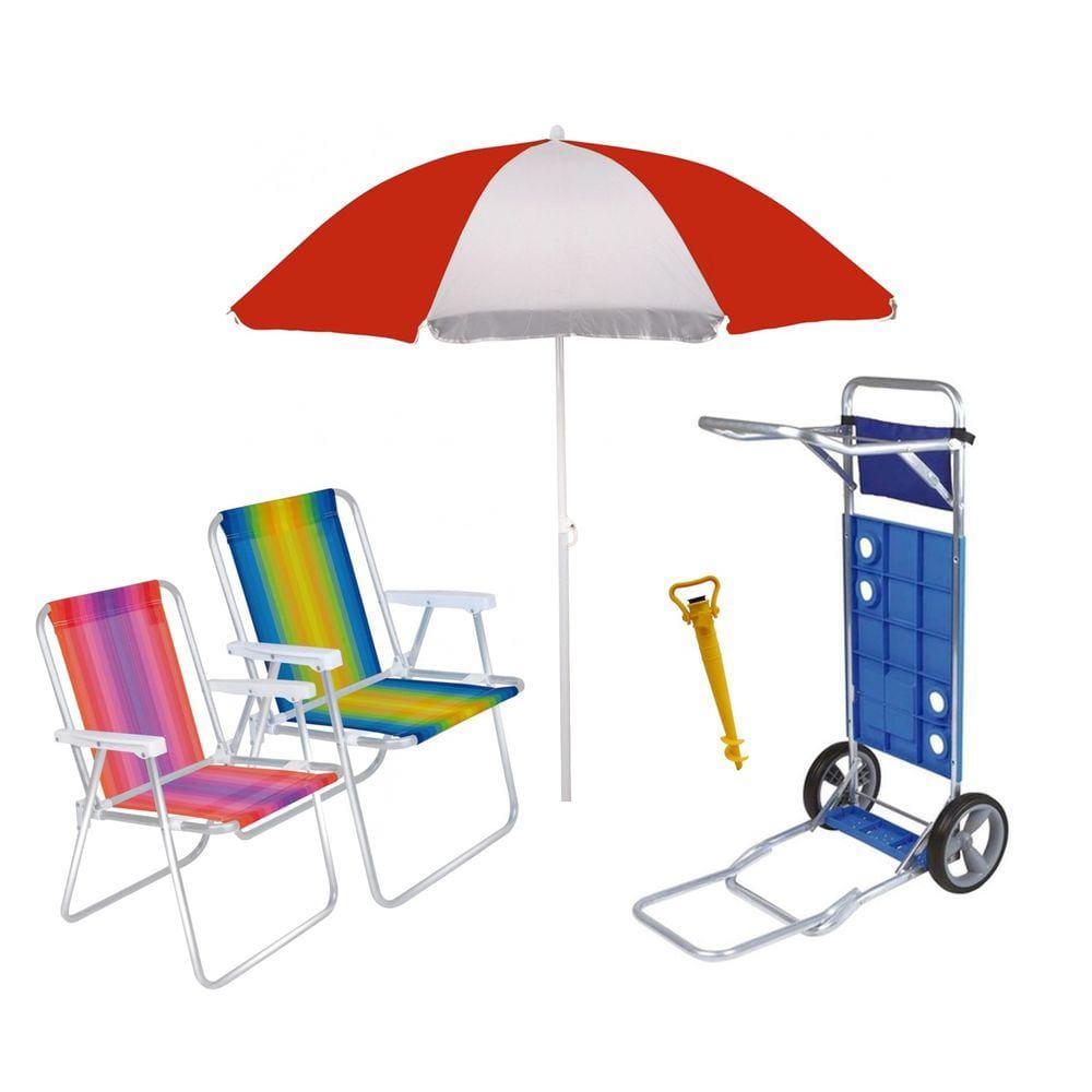 Kit Praia Carrinho Com Avanço + Guarda Sol + 2 Cadeira Alta Aluminio + Saca Areia - Mor