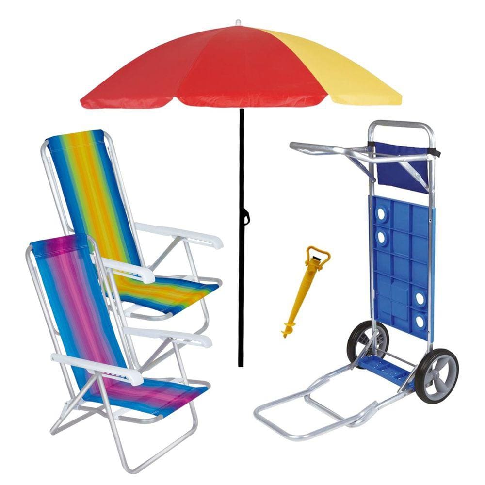 Kit Praia Carrinho Com Avanço + Guarda Sol + 2 Cadeira Reclinável + Saca Areia - Mor