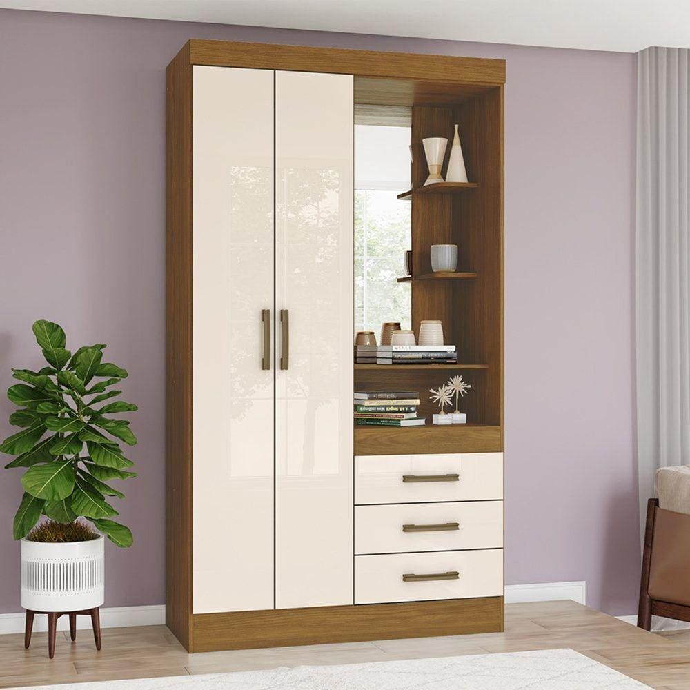 Guarda Roupa Solteiro com Espelho 2 Portas 3 Gavetas Savanna Espresso Móveis Off White/Marrom