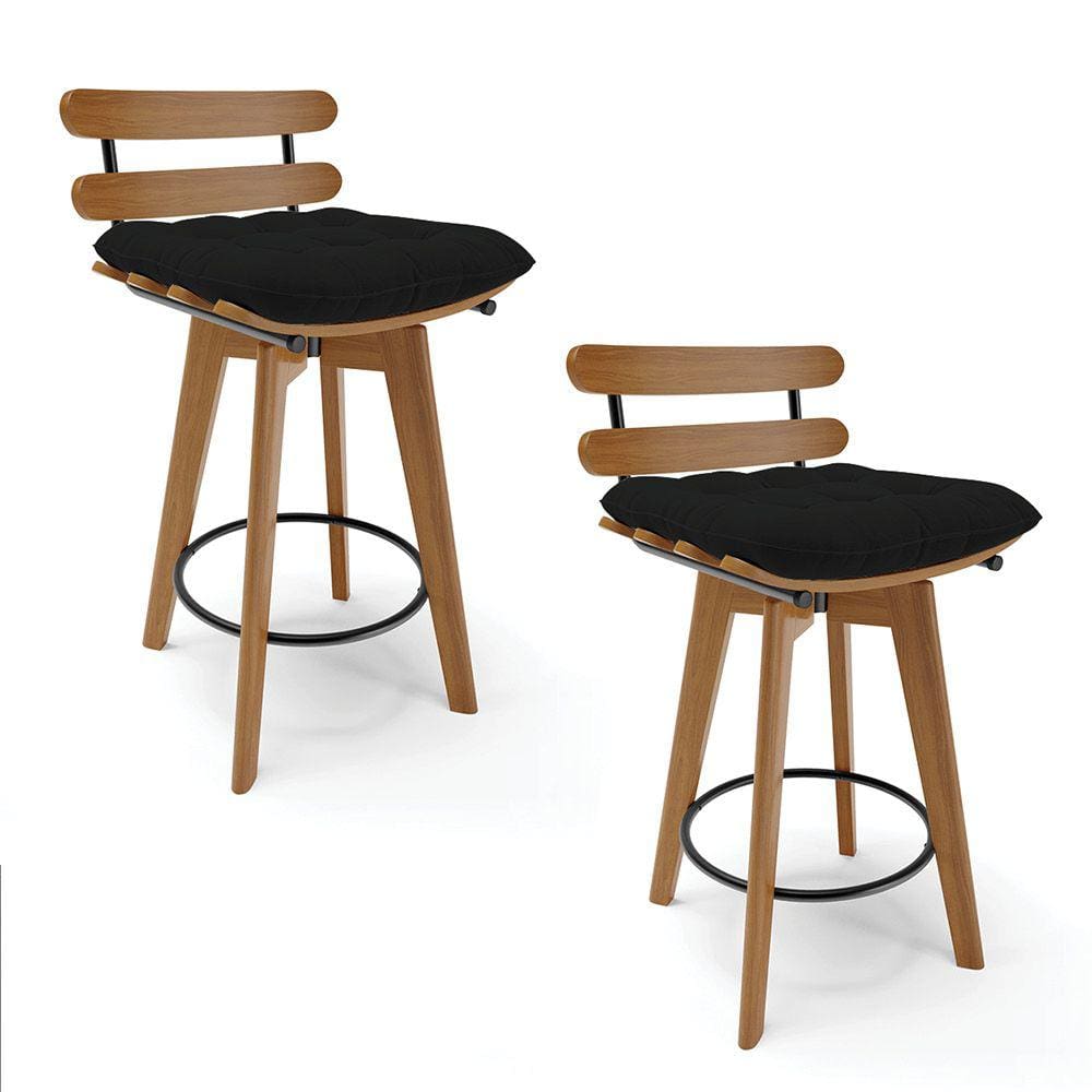 Kit 02 Banquetas Giratória Costela Linho Base Madeira MA70 - D`Rossi