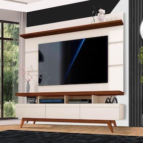 Rack Com Painel Off White Freijó Dinamarca Dinare Shop JM
