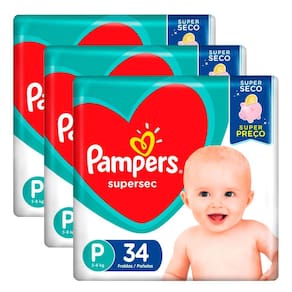 Kit 3 Fraldas Pampers Supersec Pacotão Econômico P - 102 Tiras