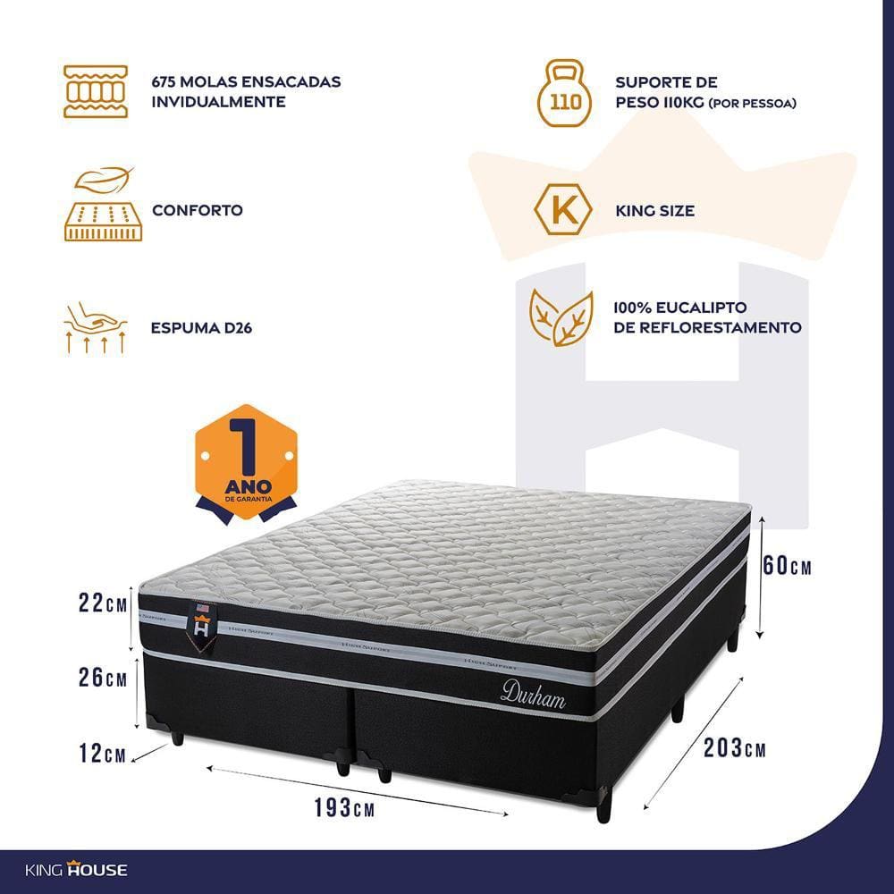 Conjunto Cama Box King Size Durham 193x203x60 com Molas Ensacadas - King House
