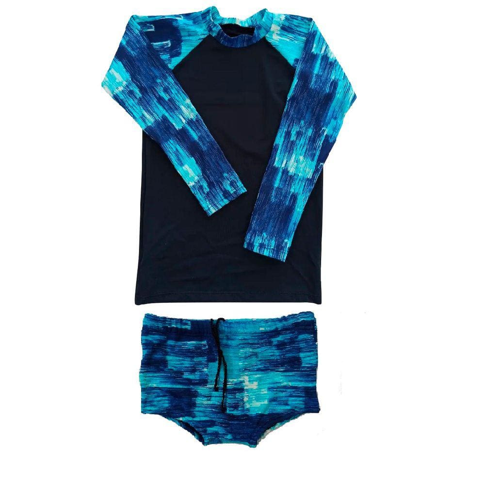 Conjunto de praia menino proteção UV azul marinho manga raglan