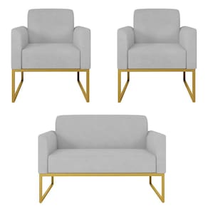 Kit Namoradeira e 2 Poltronas Decorativas Base Industrial Dourada Maressa S10 Suede Cinza - Ibiza