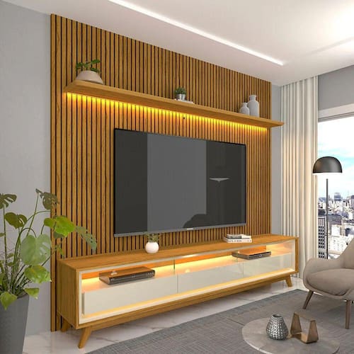 Menor preço em Rack Ripado Com Painel Para TV Até 75 C/Led Requinte 220 K/Pés Nature Off - Gelius