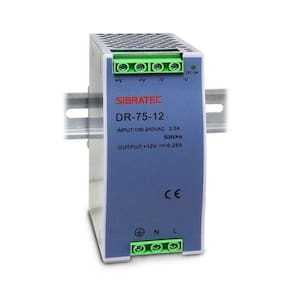 Fonte Chaveada para Trilho Din - Entrada 110/220Vca e Saída 12Vcc Fonte de 75W - 6,2A. Saída 12Vcc