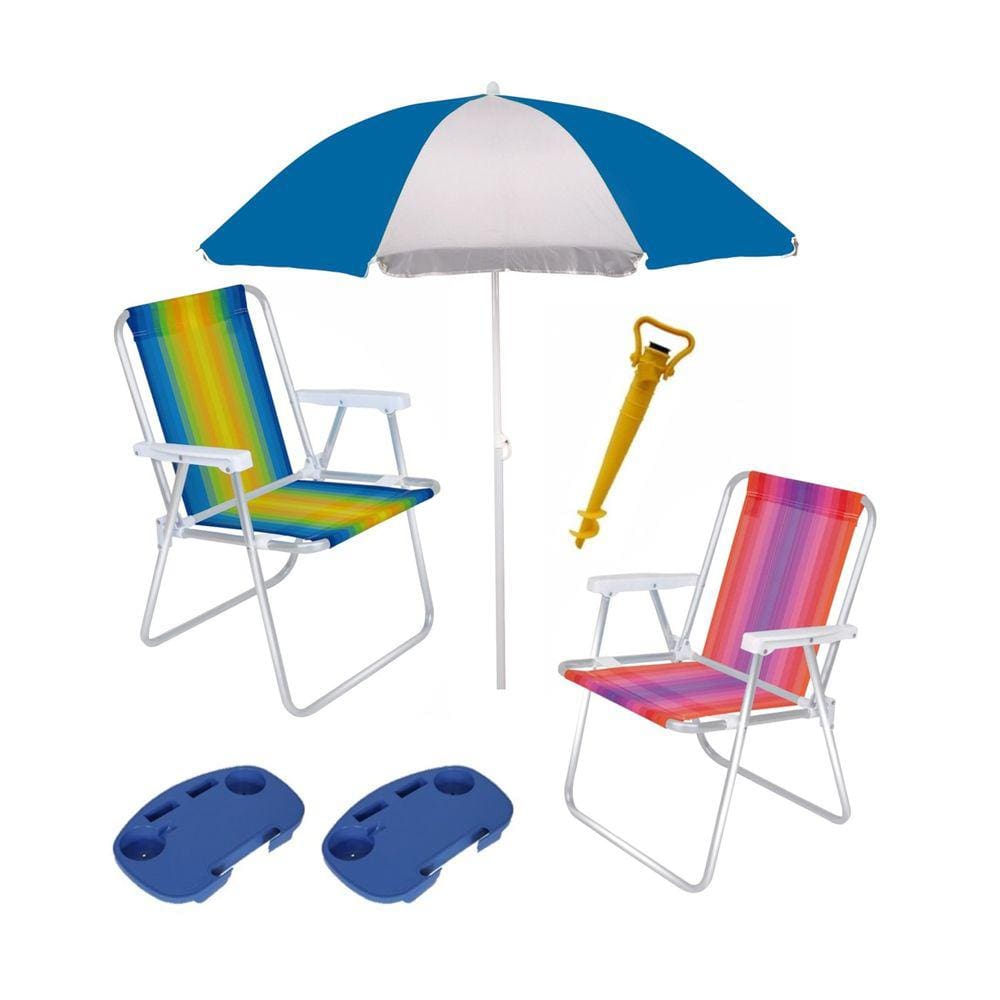 Kit Praia 2 Cadeira Alta Alumínio + Guarda Sol + 2 Mesa Portátil + Saca Areia - mor