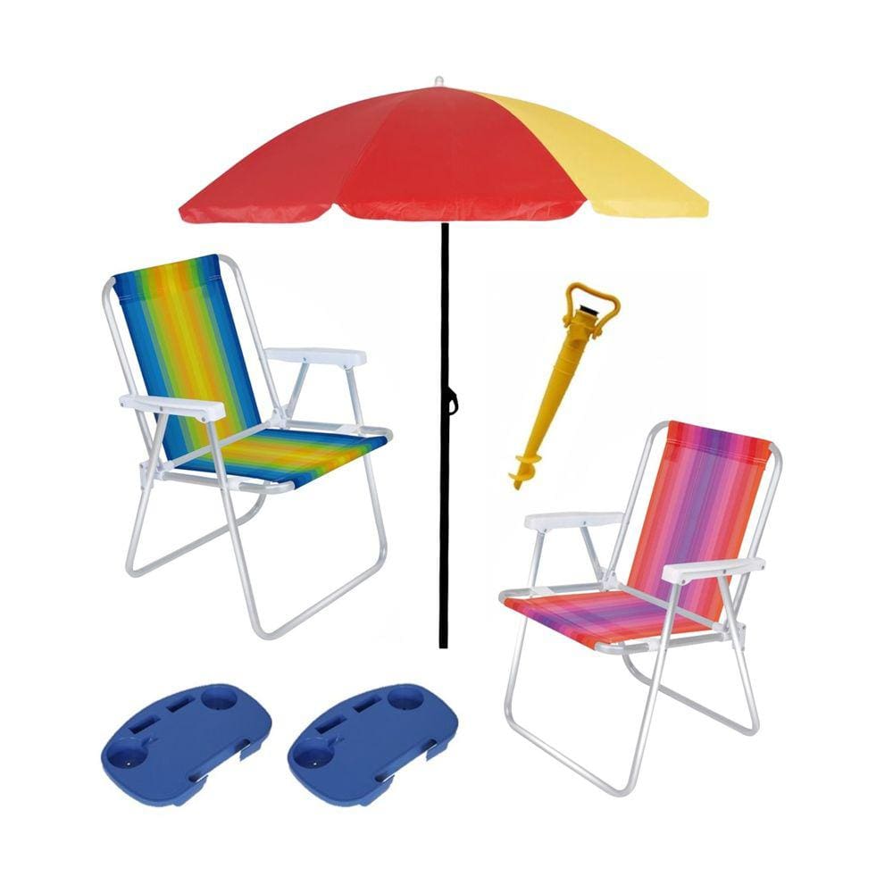 Kit Praia 2 Cadeira Alta Alumínio + Guarda Sol + 2 Mesa Portátil + Saca Areia - mor
