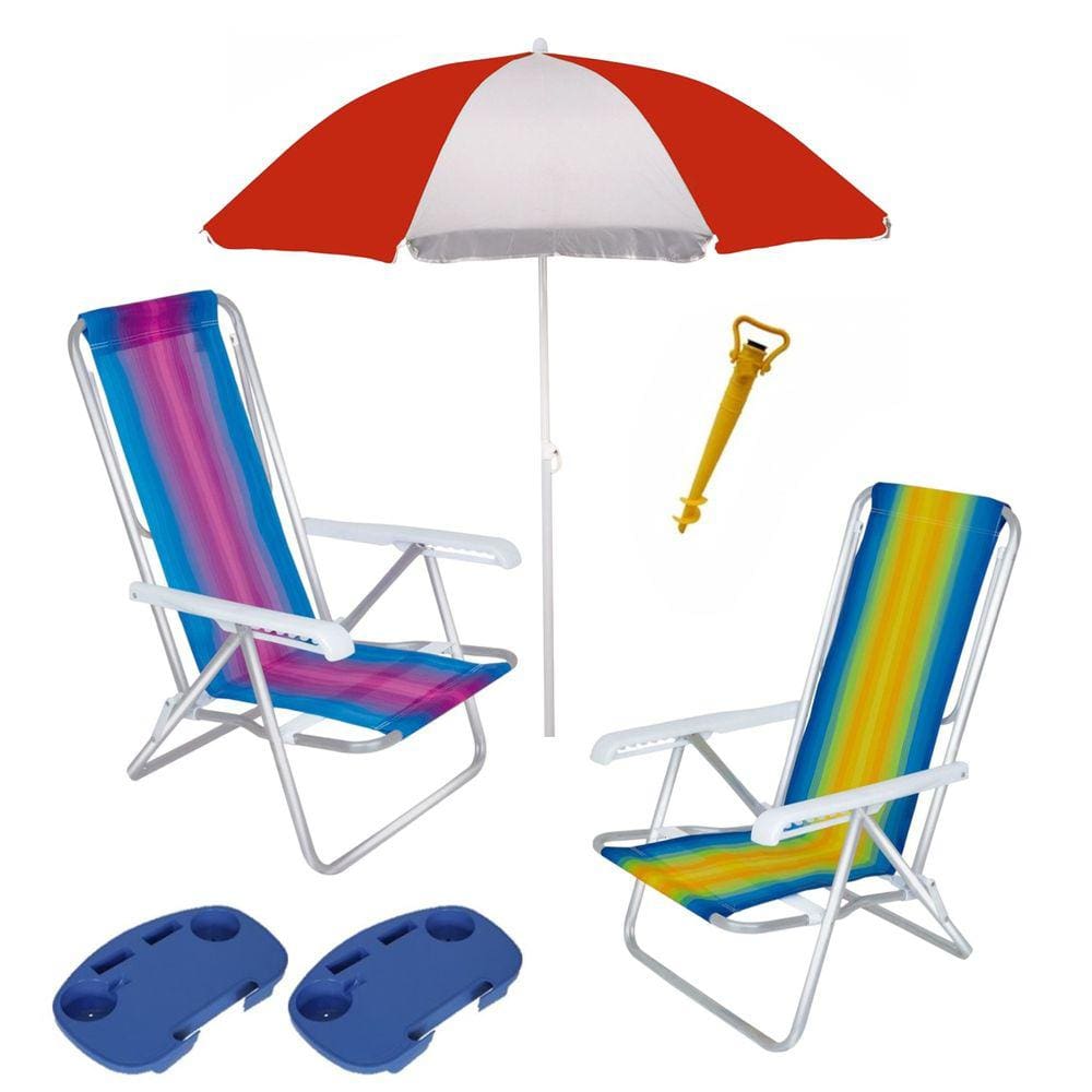 Kit Praia 2 Cadeira Reclinável 8 Pos Alum + Guarda Sol + 2 Mesa Portátil + Saca Areia - Mor