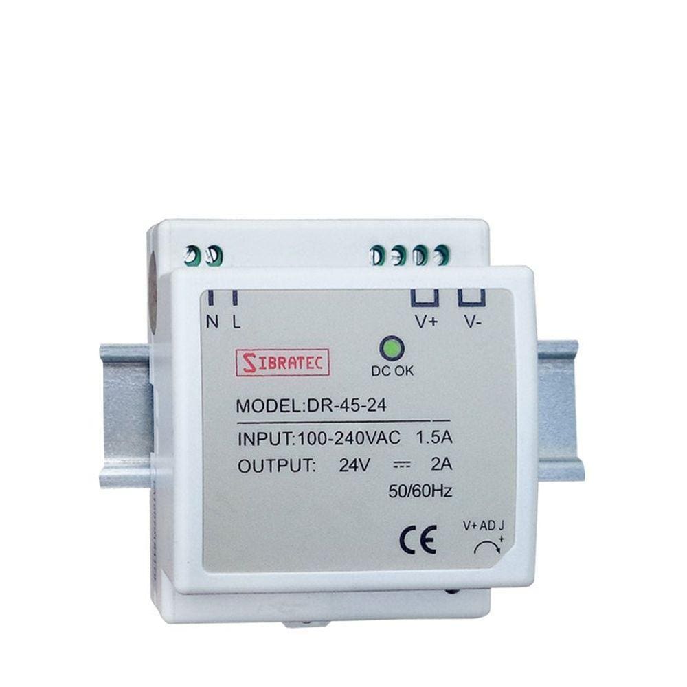Fonte Chaveada para Trilho Din - Entrada 110/220Vca e Saída 24Vcc Modelo DR Fonte de 45W - 2A. Saída 24Vcc