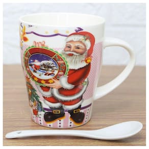 Kit 2 Canecas De Natal Com Colher Papai Noel Cerâmica 300ml