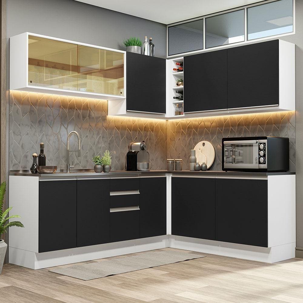 Armário De Cozinha Completa De Canto Mdf 389cm Branco preto