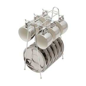 Cj 6 Xícaras P/Café C/Pires de Porcelana Versa Branco/Prata 90ml e Suporte Wolff