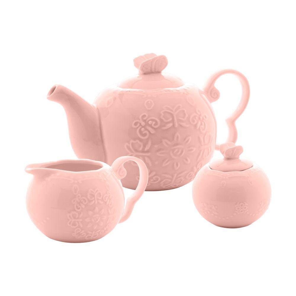 Conjunto Para Café/Chá de Porcelana Butterfly Rosa 3 Peças Bon Gourmet