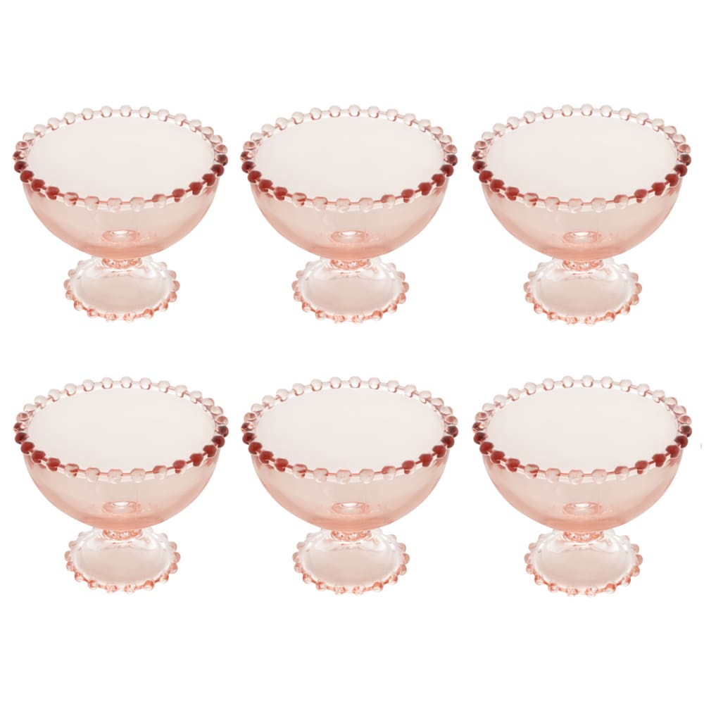 Cj 6 Taças de Cristal P/Sobremesa Pearl Bolinha Rosa 200ml Wolff