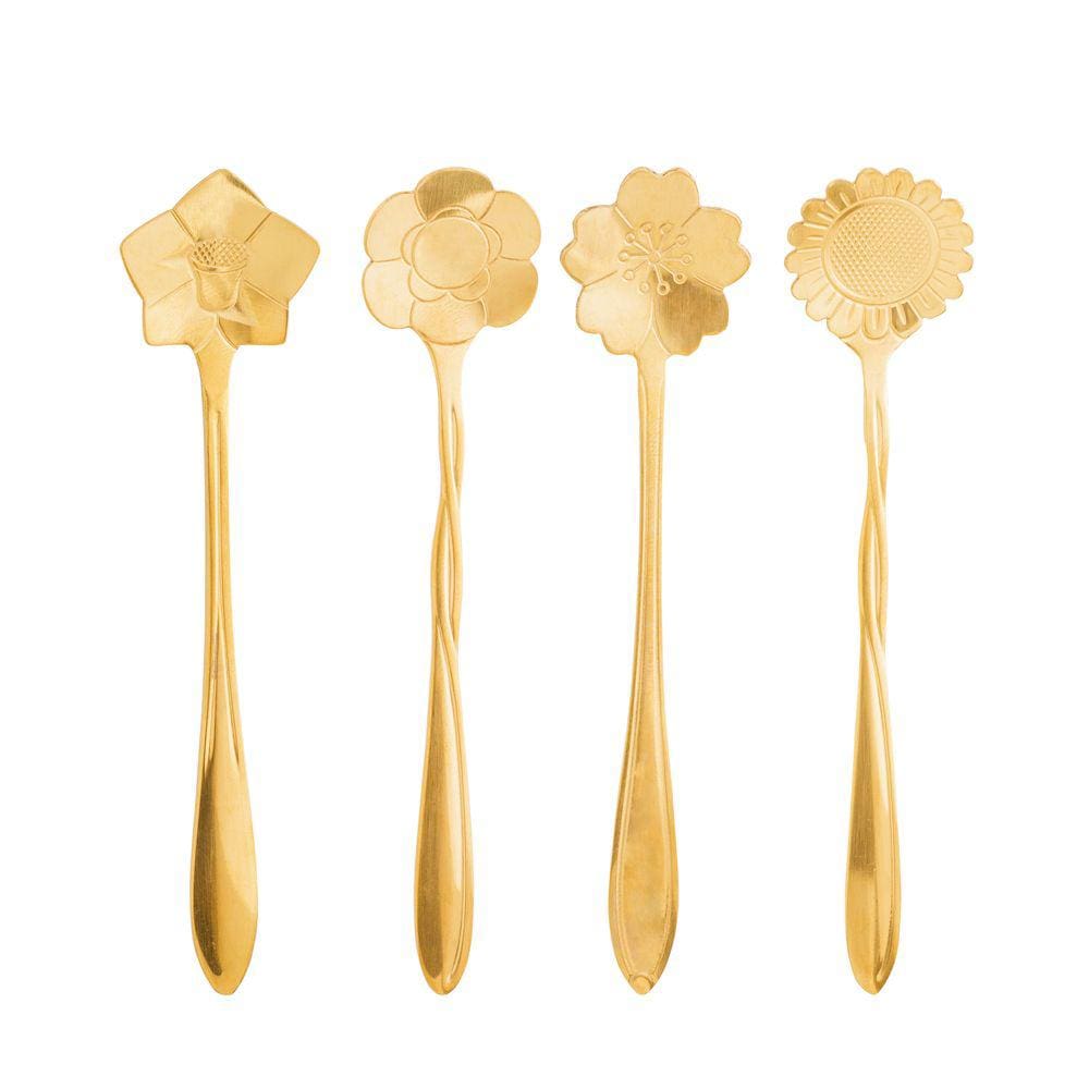 Cj 4 Colheres Aço Inox Para Chá Flores Dourado Bon Gourmet