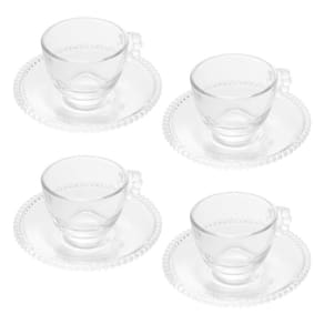 Cj 4 Xícaras P/Café C/Pires Cristal Pearl Bolinha Transparente 80ml Wolff