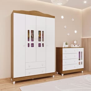 Quarto de Bebê Guarda Roupa 4 Portas com Gavetas Cômoda 4 Gavetas com Porta Ariel Amadeirado Carolina Baby