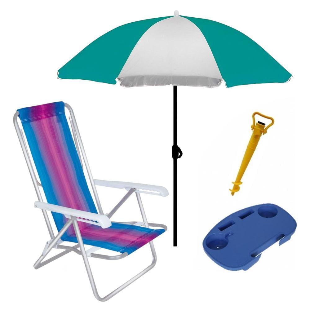 Kit Praia Cadeira Reclinável 8 Pos Alumínio + Guarda Sol + Mesa Portátil + Saca Areia - Mor