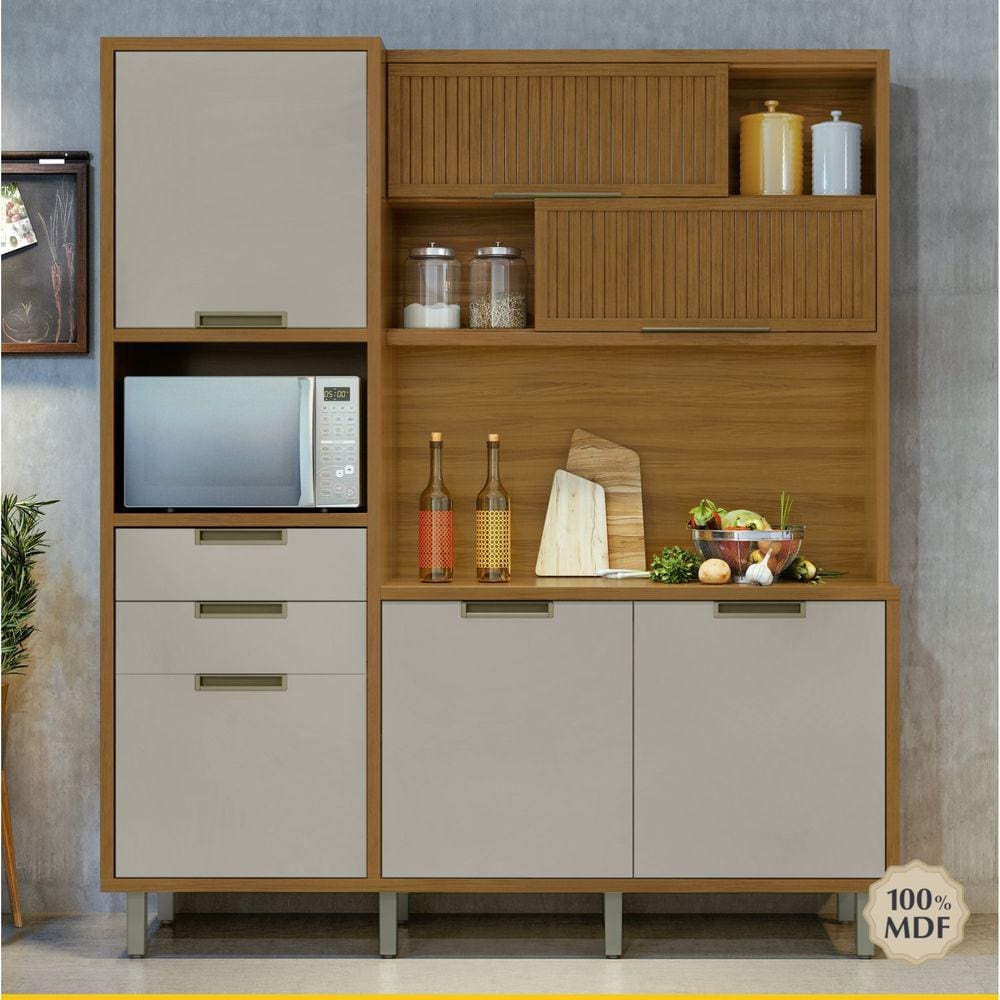 Cozinha Compacta 6 Portas 2 Gavetas Loft Imperatriz Nesher Móveis Amadeirado Freijó/off white