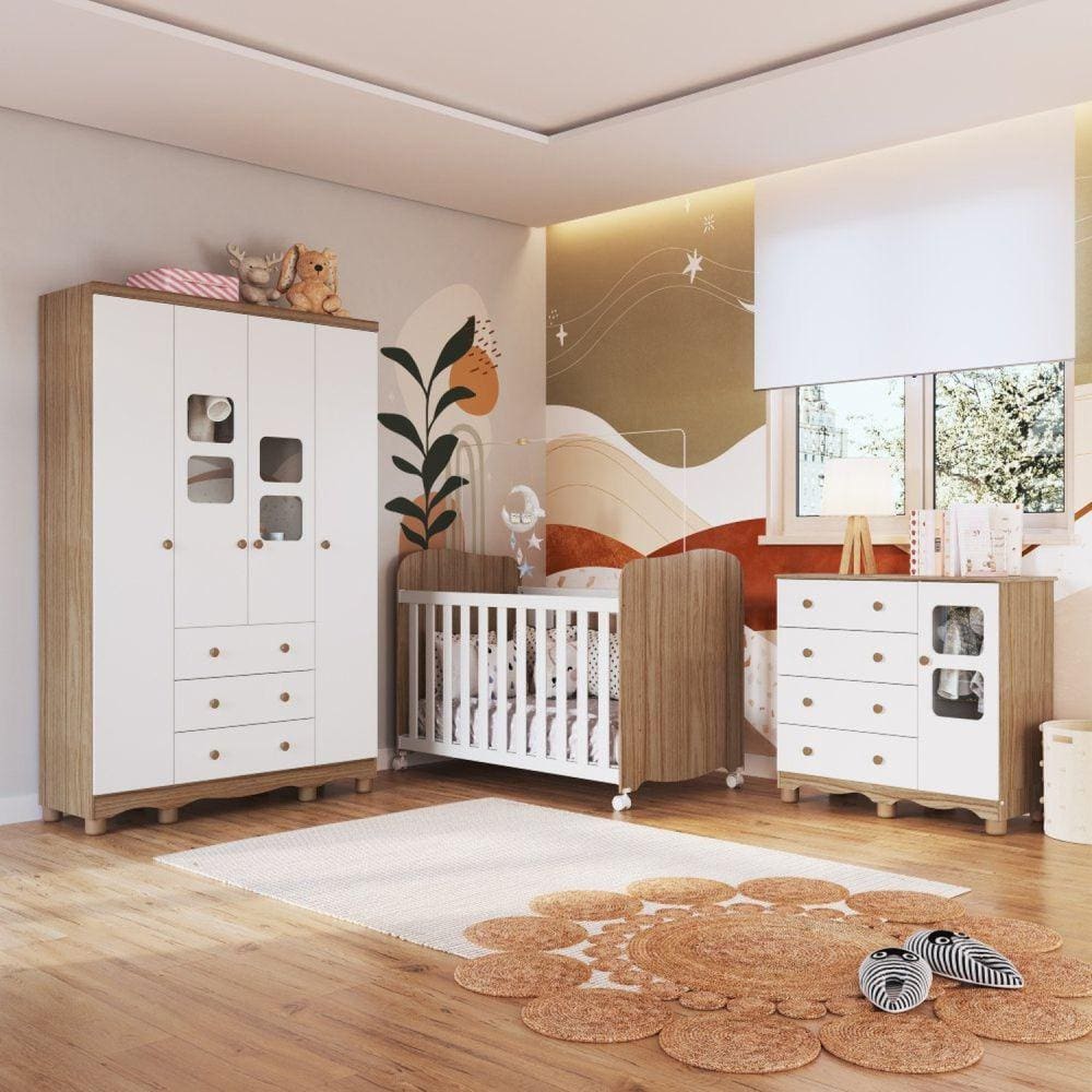 Conjunto Quarto de Bebê 100% MDF Mini Berço com Colchão e Cômoda 1 Porta 4  Gavetas Branco - CasaTema