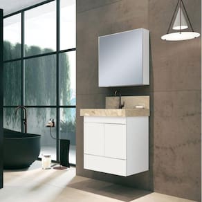 Conjunto para Banheiro com Espelheira Gabinete Lavatório em Porcelanato com Cuba Esculpida 60cm Bumi Branco