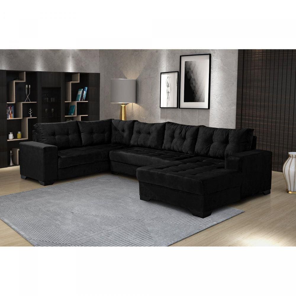 Sofá de Canto 6 Lugares com Chaise Bia Império Estofados Preto