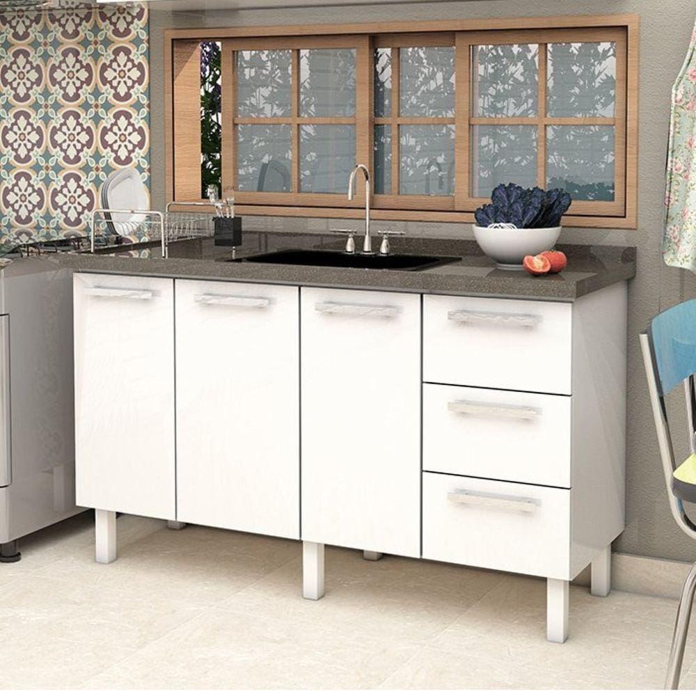 Balcão para Pia de Cozinha 140cm 3 Portas 3 Gavetas Vênus Cozimax Branco
